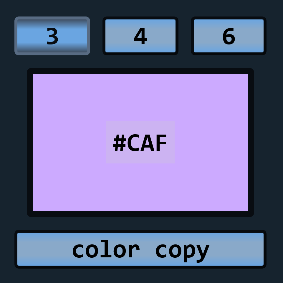 a screenshot of a website with three buttons with the numbers 3, 4, and 6, followed by a larger square that says #CAF with the associated hex color as its background a big button that says color copy